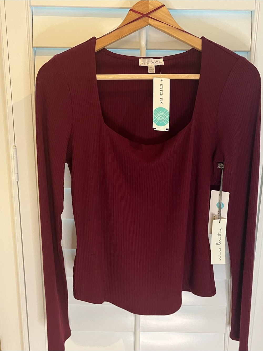 nine britton Deep Wine Ribbed Long-Sleeve Scoop Top M - Picture 5 of 6